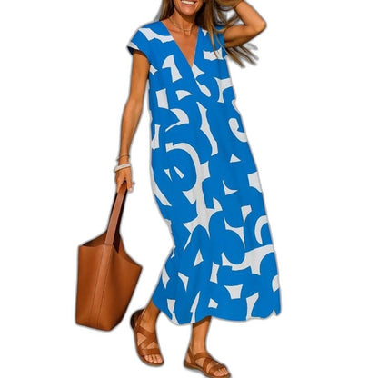 Effortless Abstract Maxi Dress for Women with V Neck Short Sleeve Flowing Casual Style