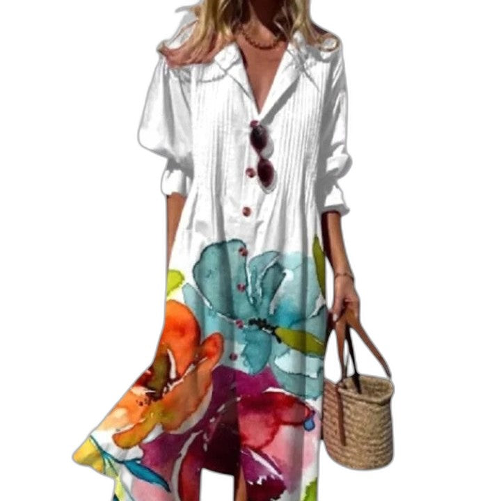 Effortless Abstract Midi Dress for Women with Collared Long Sleeve Button Front Flowing Casual Style
