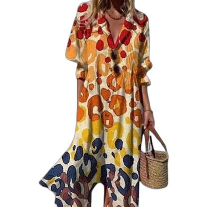 Effortless Abstract Midi Dress for Women with Collared Long Sleeve Button Front Flowing Casual Style