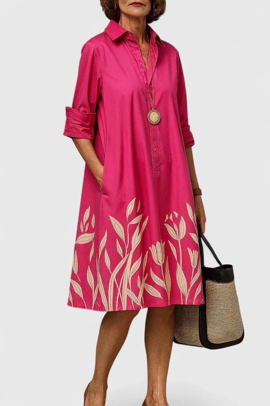 Effortless Abstract Midi Dress for Women with Collared Long Sleeve Button Front Flowing Pockets Casual Style