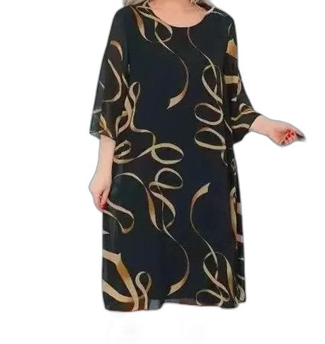 Effortless Abstract Midi Dress for Women with Crew Neck Elbow Sleeve Flowing Casual Style