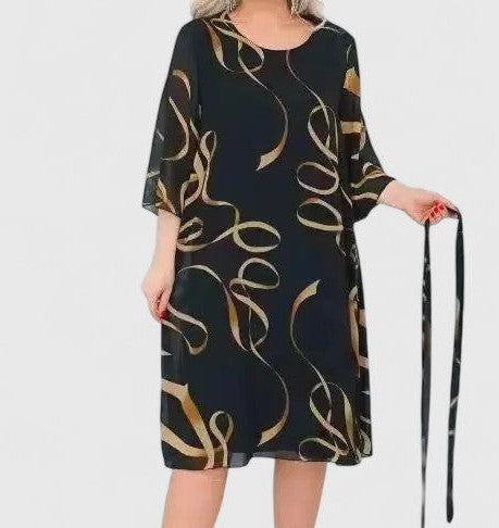 Effortless Abstract Midi Dress for Women with Crew Neck Elbow Sleeve Flowing Casual Style