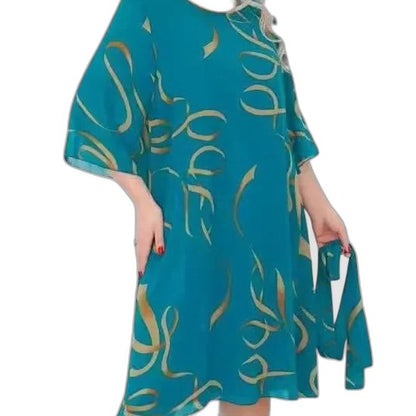 Effortless Abstract Midi Dress for Women with Crew Neck Elbow Sleeve Flowing Casual Style