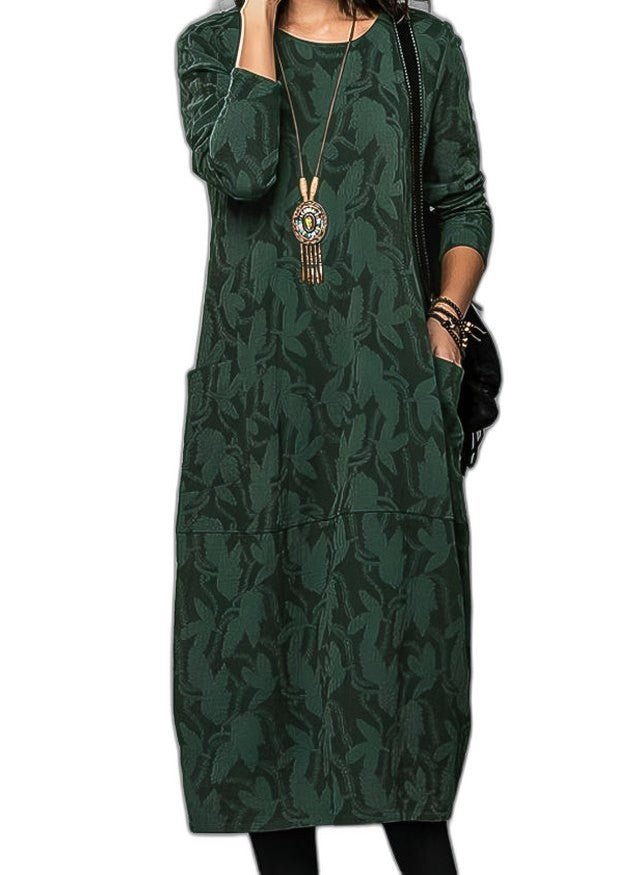 Effortless Abstract Midi Dress for Women with Crew Neck Long Sleeve Casual Style