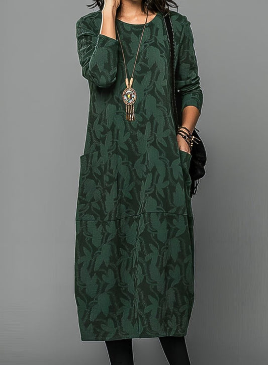 Effortless Abstract Midi Dress for Women with Crew Neck Long Sleeve Casual Style