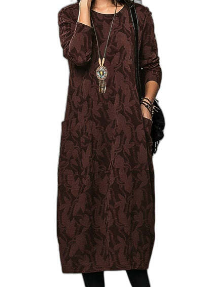 Effortless Abstract Midi Dress for Women with Crew Neck Long Sleeve Casual Style