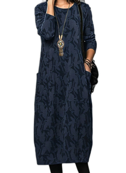 Effortless Abstract Midi Dress for Women with Crew Neck Long Sleeve Casual Style