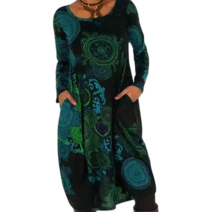 Effortless Abstract Midi Dress for Women with Crew Neck Long Sleeve Flowing Pockets Casual Style
