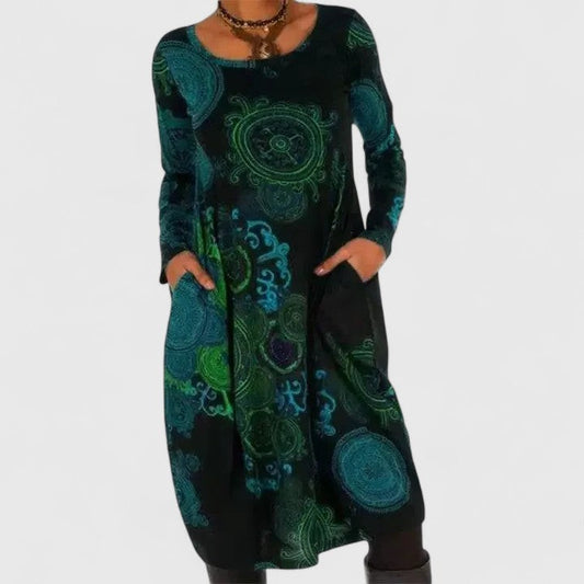 Effortless Abstract Midi Dress for Women with Crew Neck Long Sleeve Flowing Pockets Casual Style