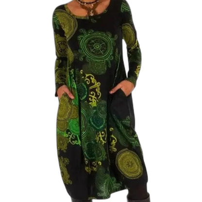 Effortless Abstract Midi Dress for Women with Crew Neck Long Sleeve Flowing Pockets Casual Style
