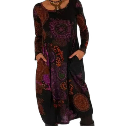 Effortless Abstract Midi Dress for Women with Crew Neck Long Sleeve Flowing Pockets Casual Style