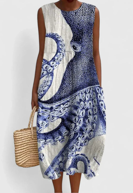 Effortless Abstract Midi Dress for Women with Crew Neck Sleeveless Flowing Casual Style