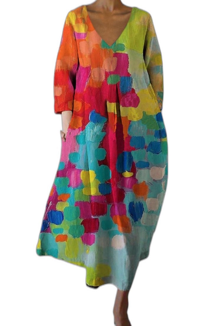Effortless Abstract Midi Dress for Women with V Neck Elbow Sleeve Flowing Casual Style