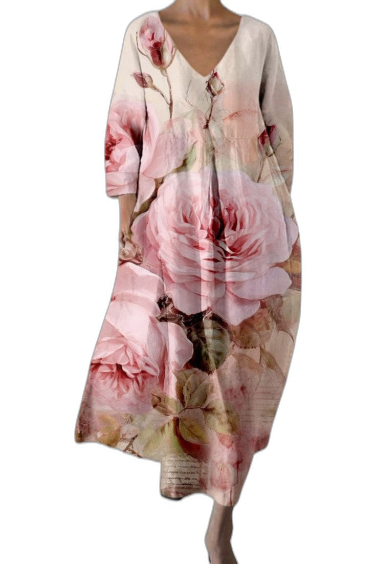 Effortless Abstract Midi Dress for Women with V Neck Elbow Sleeve Flowing Casual Style