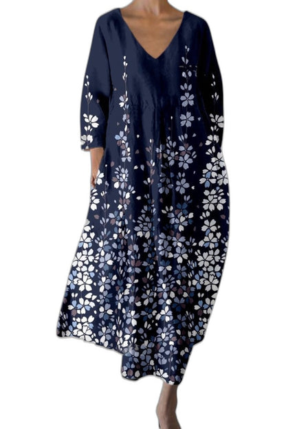 Effortless Abstract Midi Dress for Women with V Neck Elbow Sleeve Flowing Casual Style
