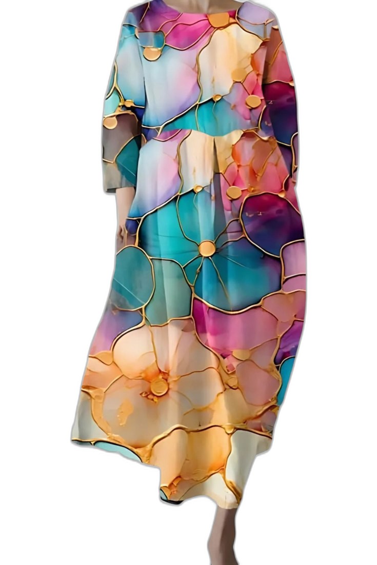 Effortless Abstract Midi Dress for Women with V Neck Elbow Sleeve Flowing Casual Style