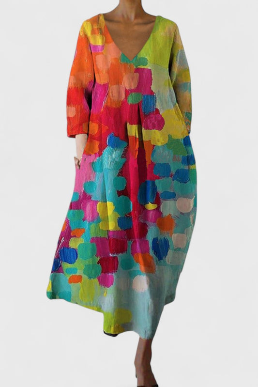 Effortless Abstract Midi Dress for Women with V Neck Elbow Sleeve Flowing Casual Style