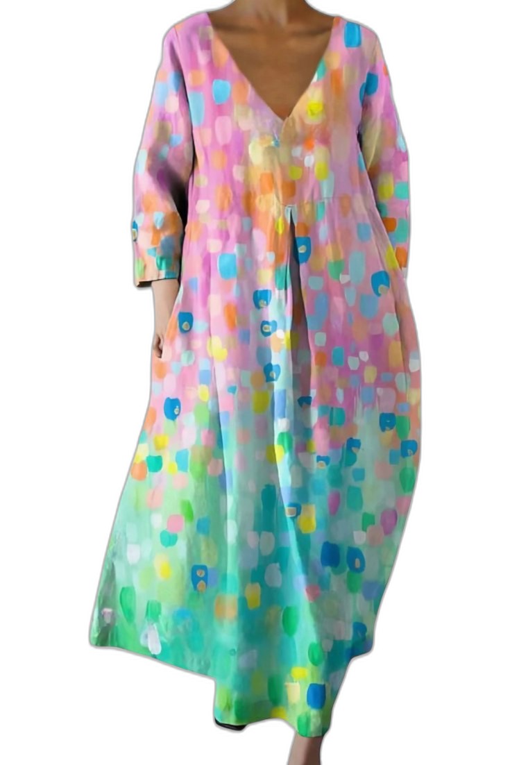 Effortless Abstract Midi Dress for Women with V Neck Elbow Sleeve Flowing Casual Style