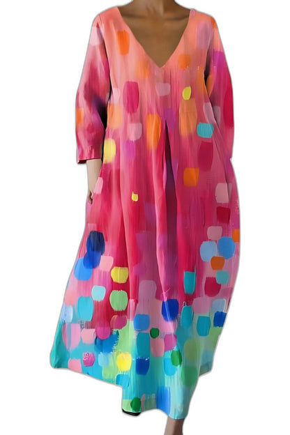 Effortless Abstract Midi Dress for Women with V Neck Elbow Sleeve Flowing Casual Style