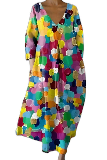 Effortless Abstract Midi Dress for Women with V Neck Elbow Sleeve Flowing Casual Style