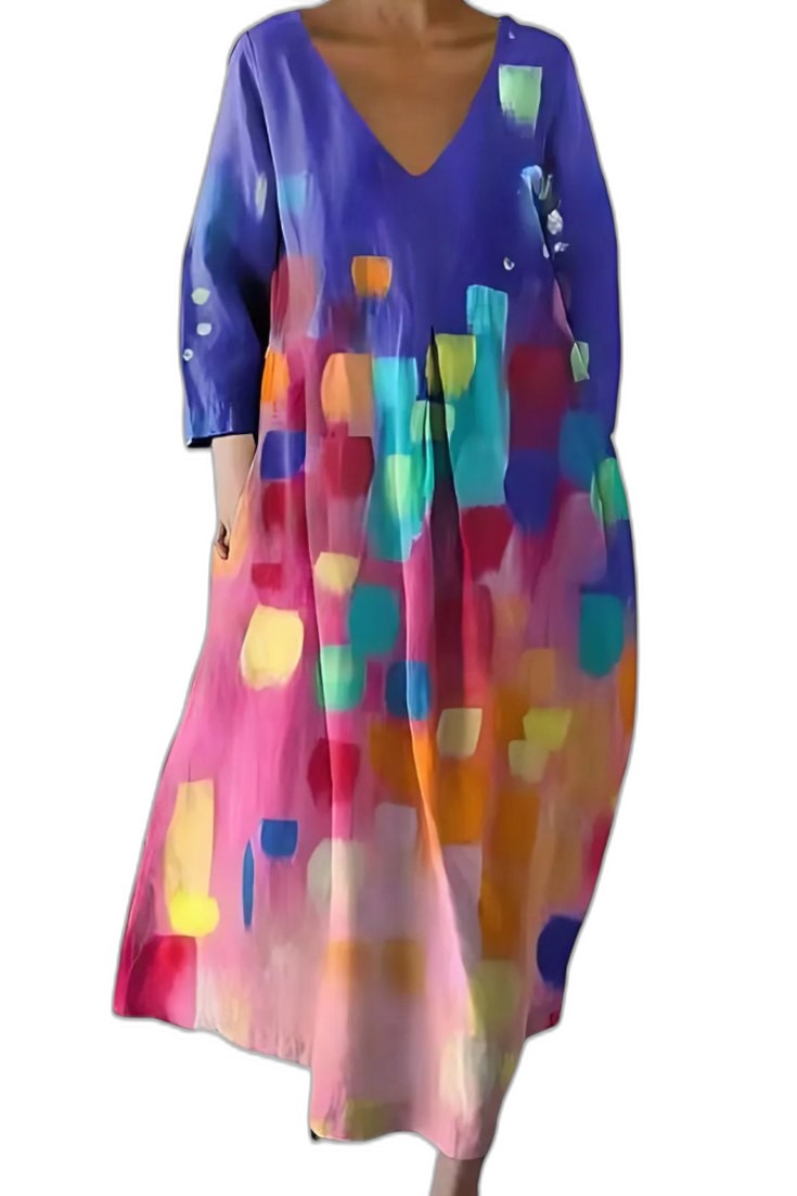Effortless Abstract Midi Dress for Women with V Neck Elbow Sleeve Flowing Casual Style