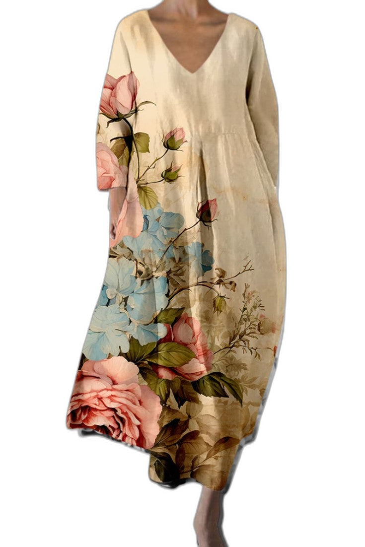 Effortless Abstract Midi Dress for Women with V Neck Elbow Sleeve Flowing Casual Style