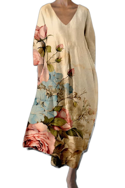 Effortless Abstract Midi Dress for Women with V Neck Elbow Sleeve Flowing Casual Style