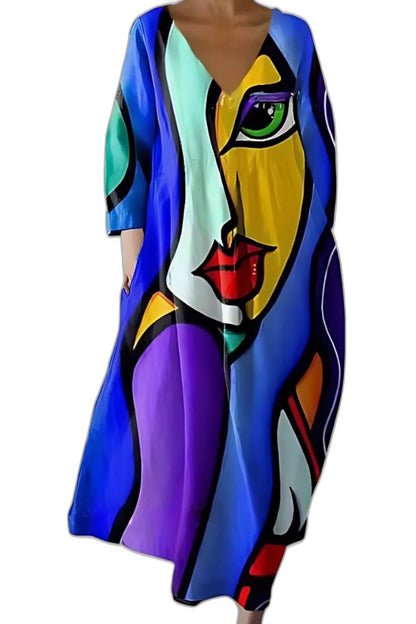 Effortless Abstract Midi Dress for Women with V Neck Elbow Sleeve Flowing Casual Style