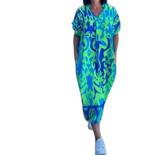 Effortless Abstract Midi Dress for Women with V Neck Short Sleeve Flowing Casual Style