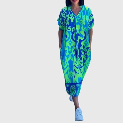 Effortless Abstract Midi Dress for Women with V Neck Short Sleeve Flowing Casual Style