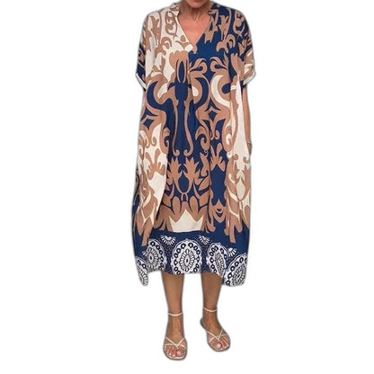 Effortless Abstract Midi Dress for Women with V Neck Short Sleeve Flowing Casual Style
