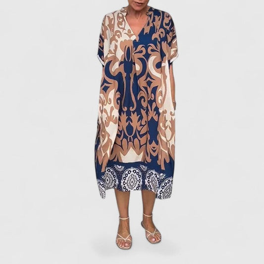Effortless Abstract Midi Dress for Women with V Neck Short Sleeve Flowing Casual Style