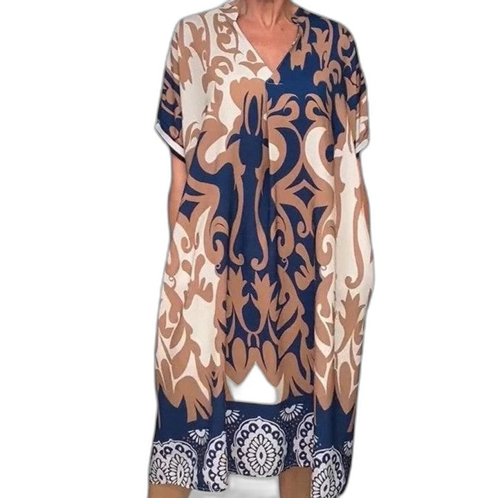 Effortless Abstract Midi Dress for Women with V Neck Short Sleeve Flowing Casual Style