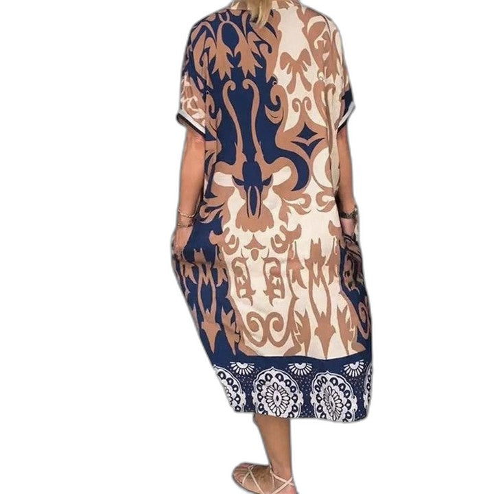 Effortless Abstract Midi Dress for Women with V Neck Short Sleeve Flowing Casual Style