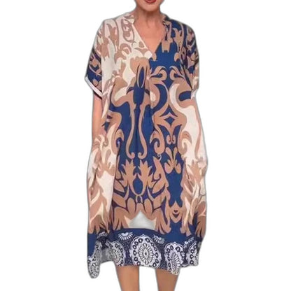 Effortless Abstract Midi Dress for Women with V Neck Short Sleeve Flowing Casual Style