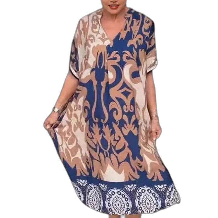 Effortless Abstract Midi Dress for Women with V Neck Short Sleeve Flowing Casual Style