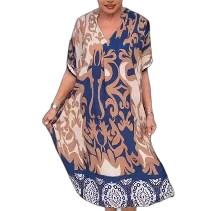 Effortless Abstract Midi Dress for Women with V Neck Short Sleeve Flowing Casual Style