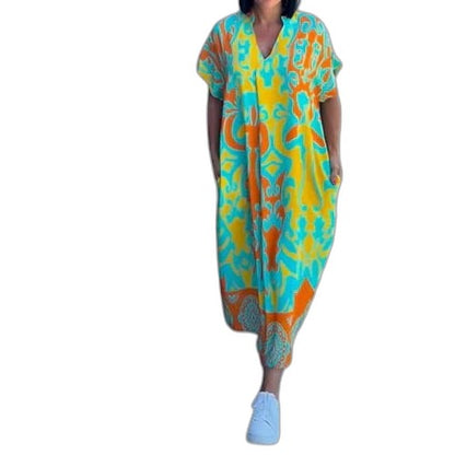 Effortless Abstract Midi Dress for Women with V Neck Short Sleeve Flowing Casual Style