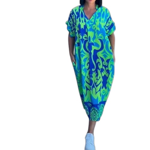 Effortless Abstract Midi Dress for Women with V Neck Short Sleeve Flowing Casual Style