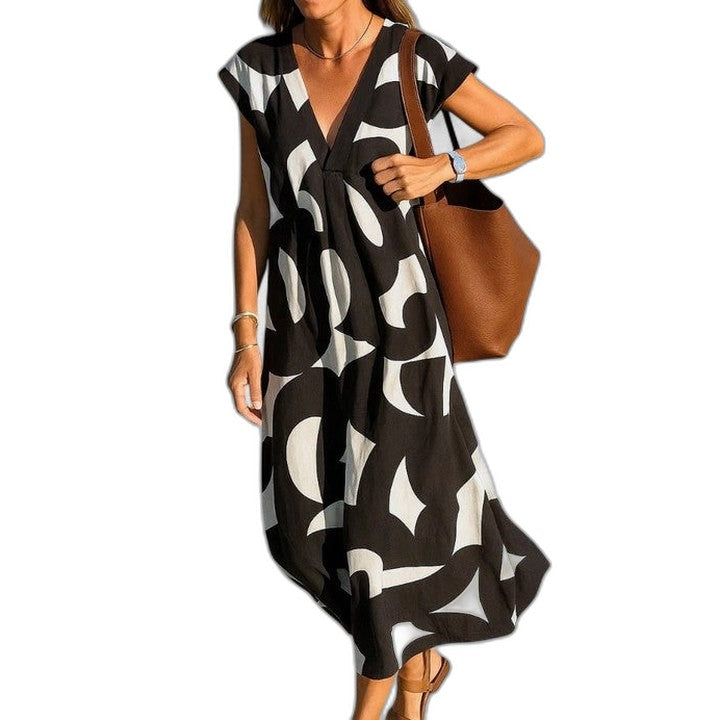Effortless Abstract Midi Dress for Women with V Neck Short Sleeve Flowing Oversized Casual Style