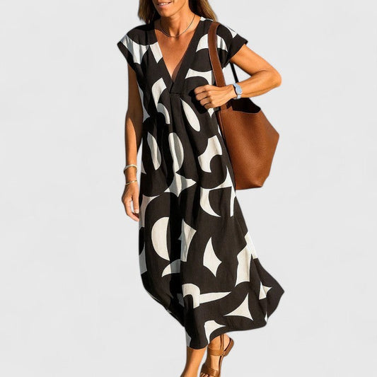Effortless Abstract Midi Dress for Women with V Neck Short Sleeve Flowing Oversized Casual Style