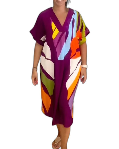 Effortless Abstract Midi Dress for Women with V Neck Short Sleeve Flowing Oversized Casual Style