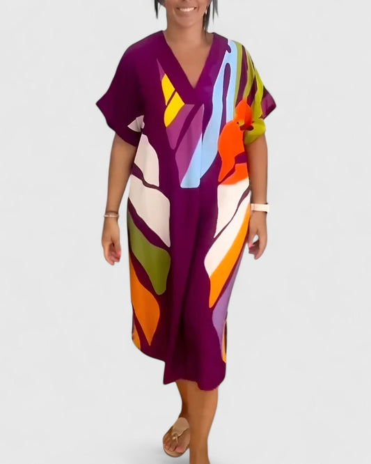 Effortless Abstract Midi Dress for Women with V Neck Short Sleeve Flowing Oversized Casual Style