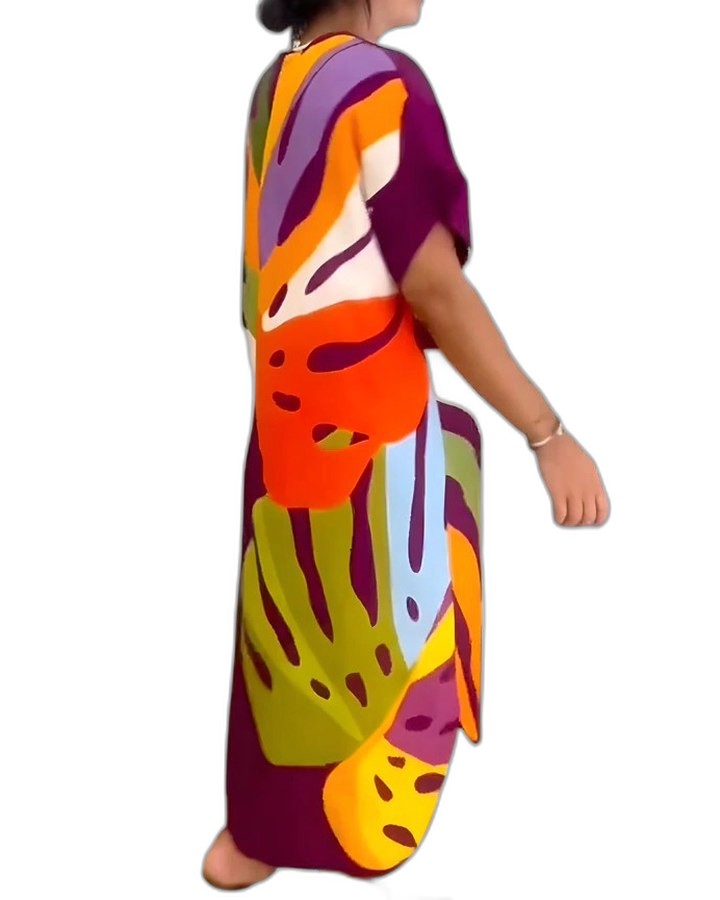 Effortless Abstract Midi Dress for Women with V Neck Short Sleeve Flowing Oversized Casual Style