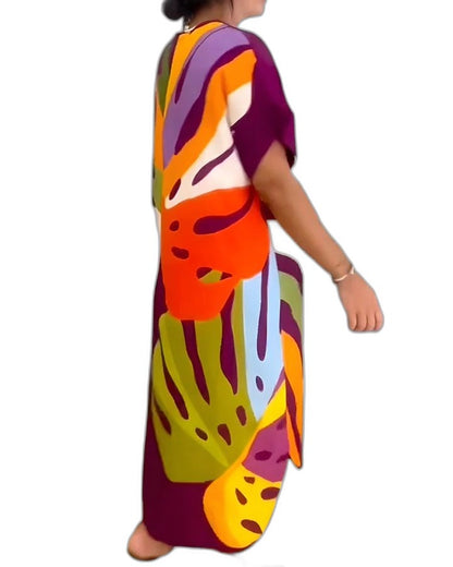 Effortless Abstract Midi Dress for Women with V Neck Short Sleeve Flowing Oversized Casual Style