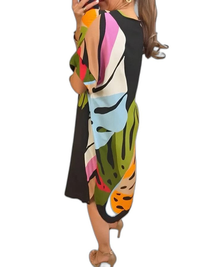 Effortless Abstract Midi Dress for Women with V Neck Short Sleeve Flowing Oversized Casual Style