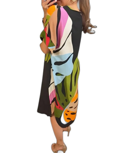 Effortless Abstract Midi Dress for Women with V Neck Short Sleeve Flowing Oversized Casual Style