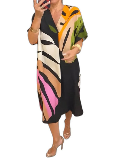 Effortless Abstract Midi Dress for Women with V Neck Short Sleeve Flowing Oversized Casual Style