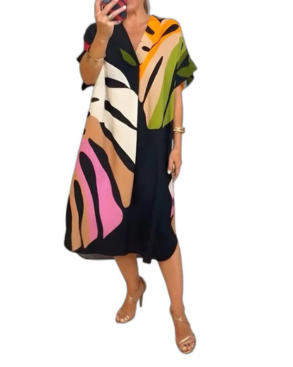 Effortless Abstract Midi Dress for Women with V Neck Short Sleeve Flowing Oversized Casual Style