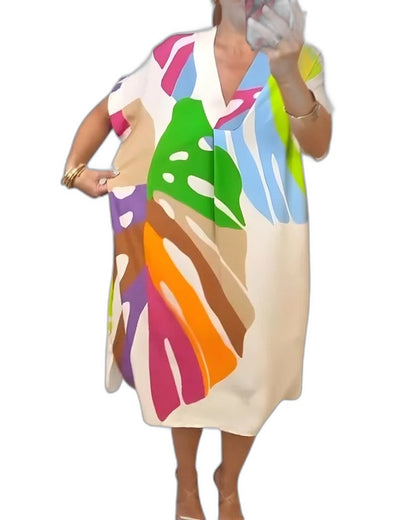 Effortless Abstract Midi Dress for Women with V Neck Short Sleeve Flowing Oversized Casual Style